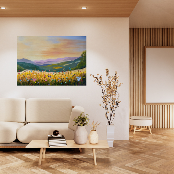 Sunrise Behind the Mountains over a Flower Field 28"x20"