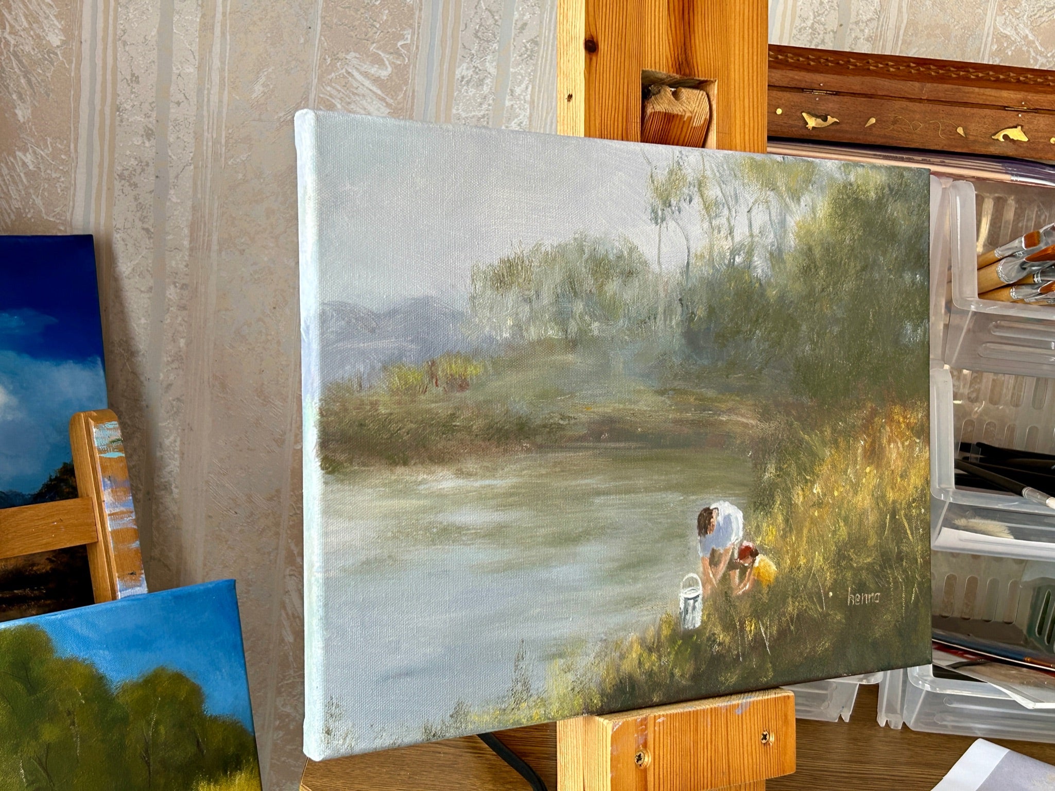 Misty Morning River Oil Painting: Brothers Fishing, Irish Landscape Art (16x12)