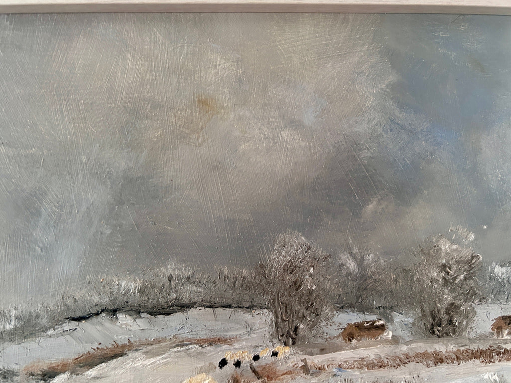 Original oil painting - Sheep on the road  Snowy Landscape Art on board Framed (15"x12")