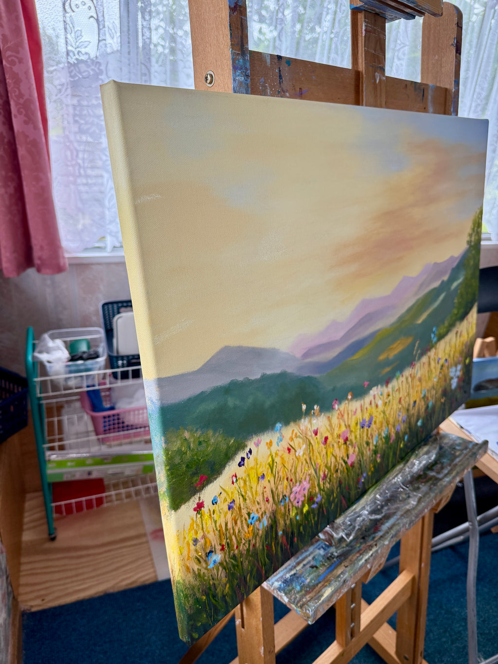 Sunrise Behind the Mountains over a Flower Field 28"x20"