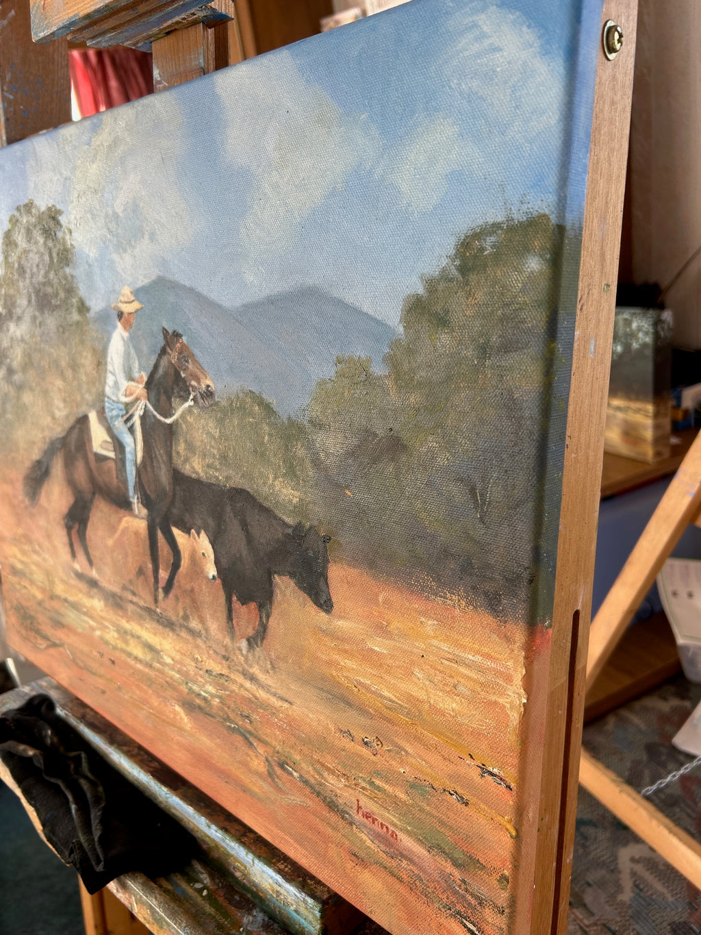 Cowboy Herding Cattle: Original Oil Painting on Canvas (20" x 16")