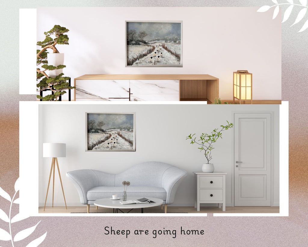 Original oil painting - Sheep on the road  Snowy Landscape Art on board Framed (15"x12")