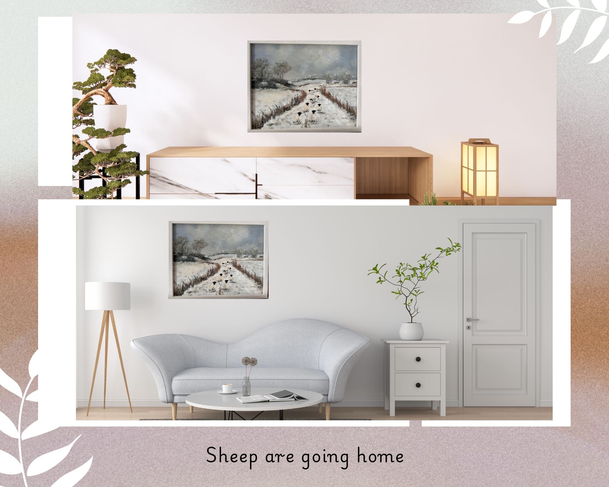Original oil painting - Sheep on the road  Snowy Landscape Art on board Framed (15"x12")