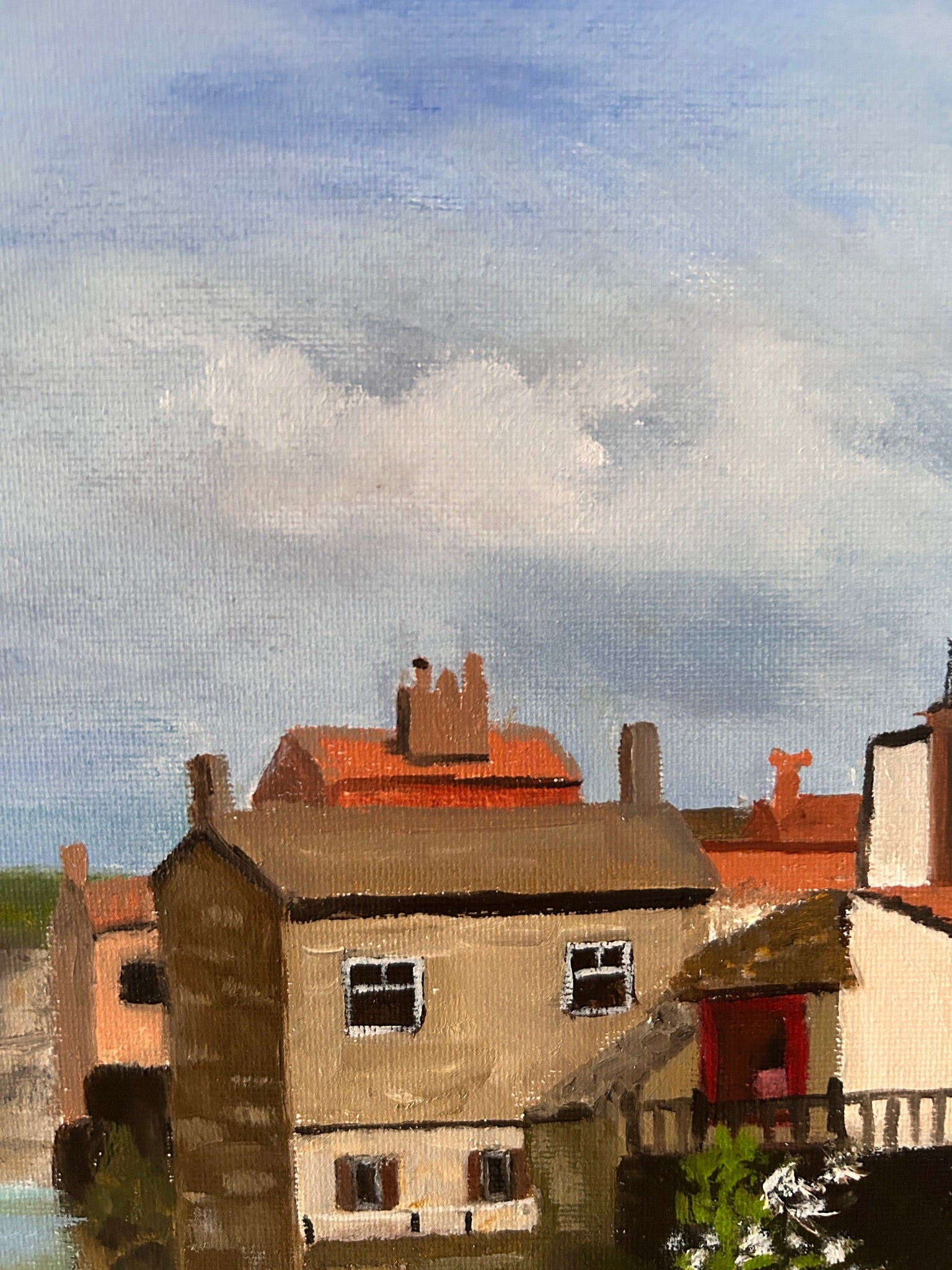 Oil Painting: The Blue boat on Staithes on canvas board 10"x14"