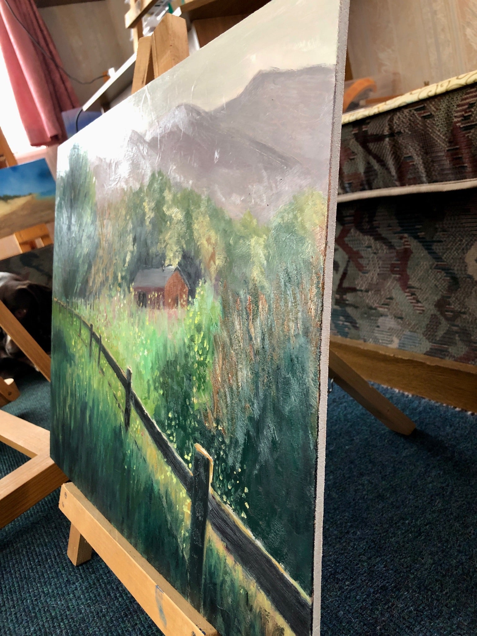 Original Oil painting: Rustic Barn Landscape on Wood (20"x16")