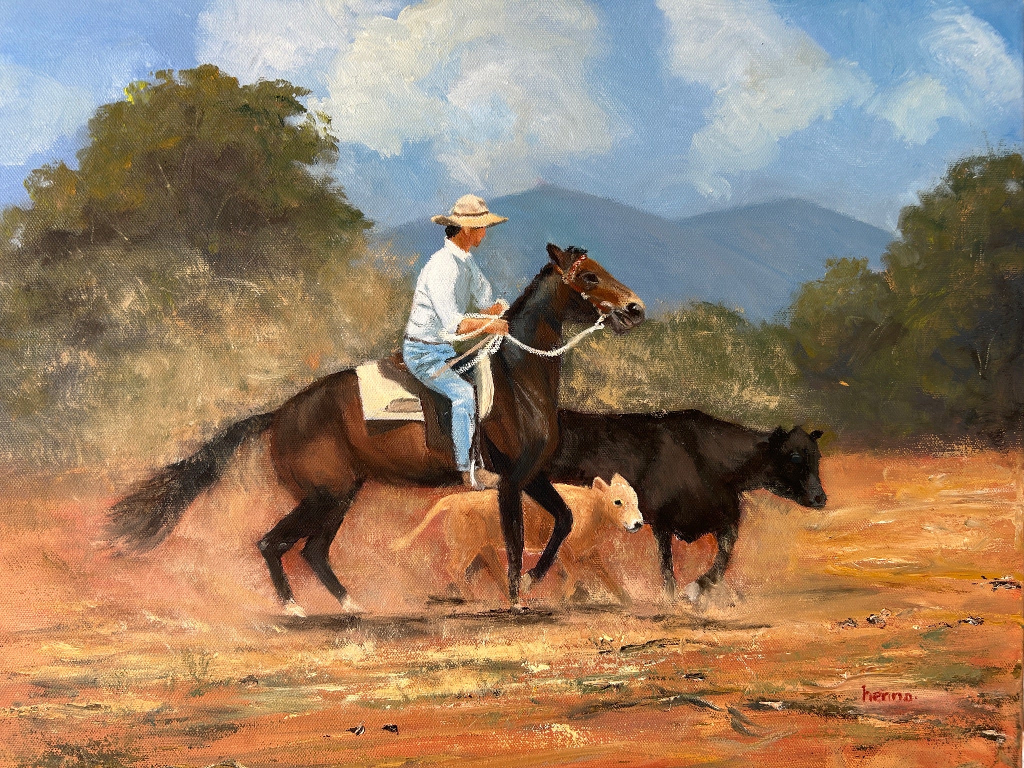 An oil painting of a cowboy riding a brown horse while herding a black calf through a dusty, orange-brown field, with green trees and blue mountains in the background under a cloudy sky.