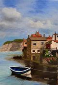 Oil Painting: The Blue boat on Staithes on canvas board 10"x14"