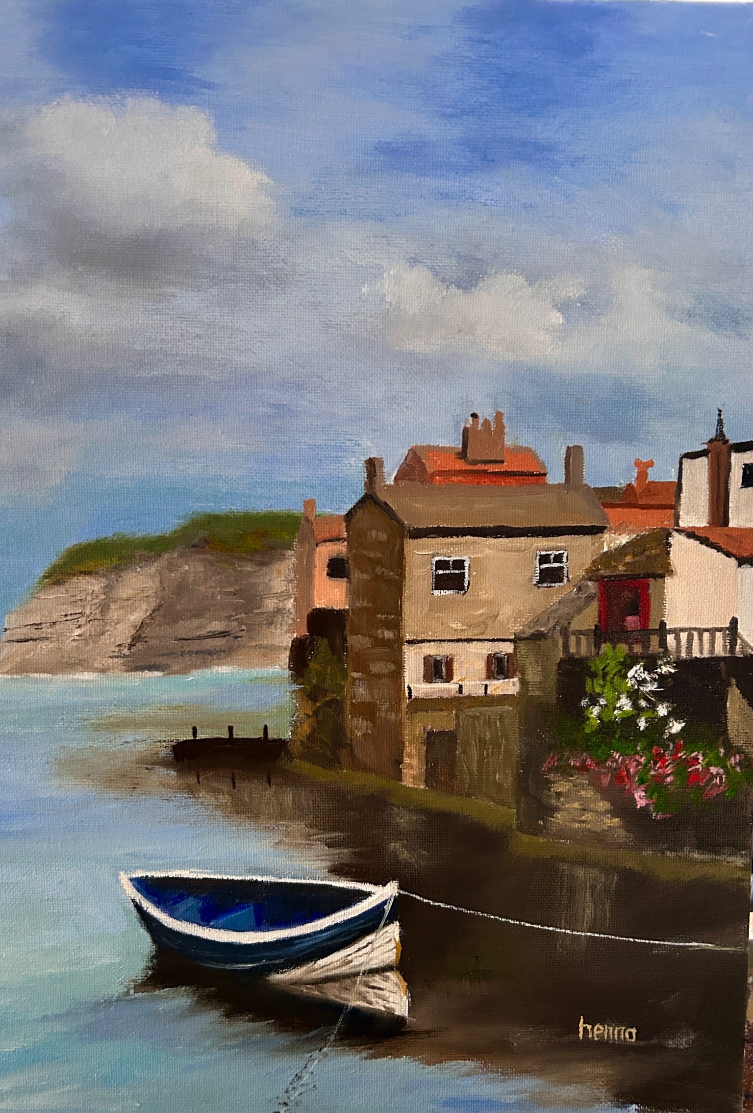 Oil Painting: The Blue boat on Staithes on canvas board 10"x14"