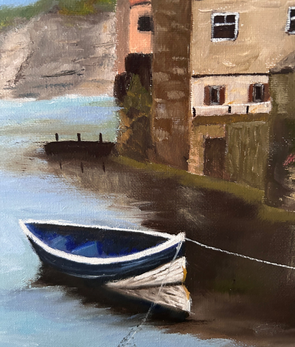 Oil Painting: The Blue boat on Staithes on canvas board 10"x14"