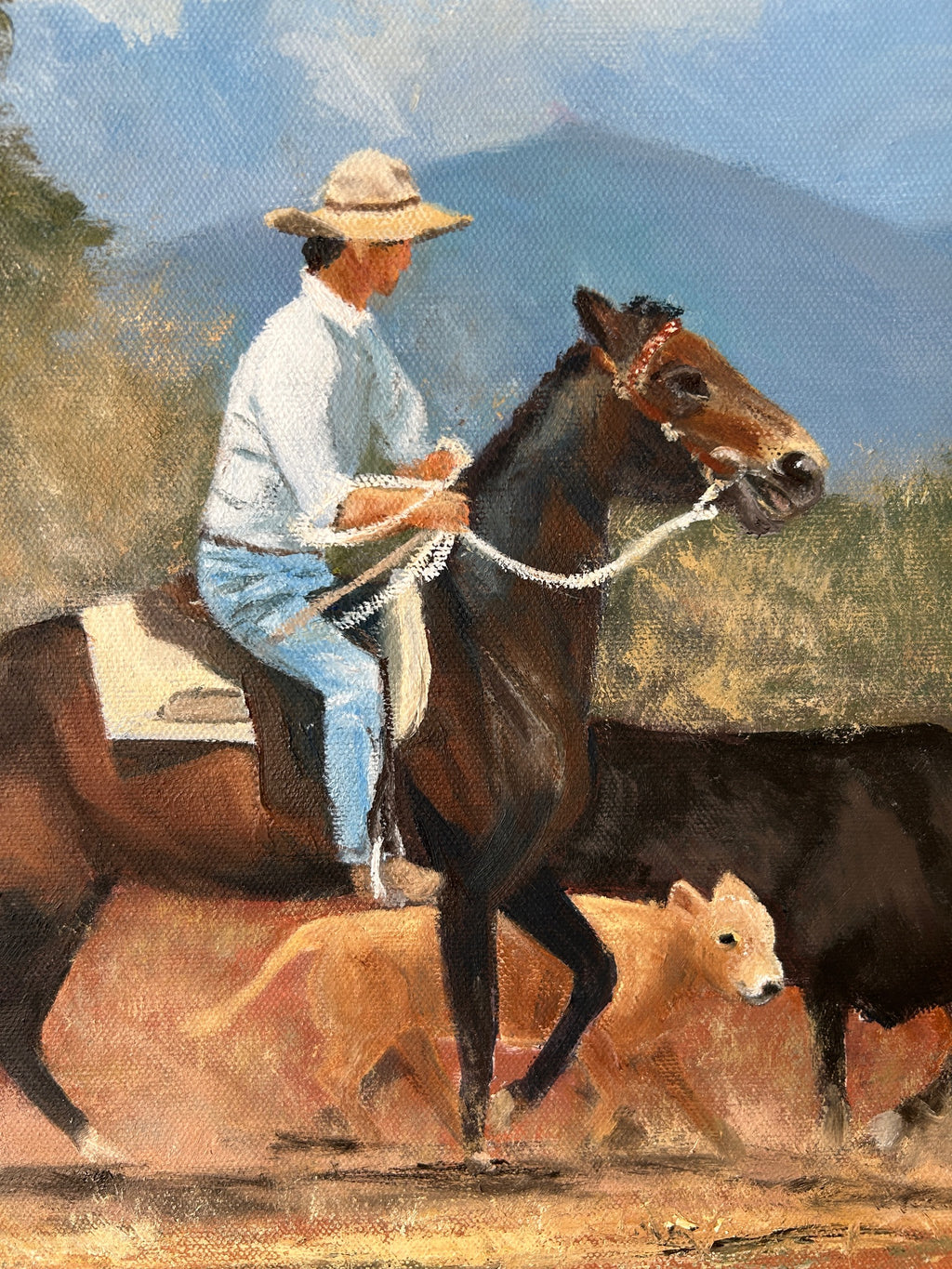 Cowboy Herding Cattle: Original Oil Painting on Canvas (20" x 16")