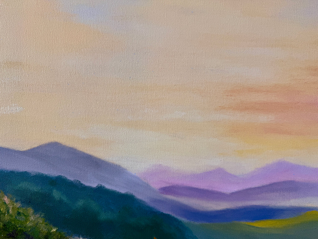 Sunrise Behind the Mountains over a Flower Field 28"x20"