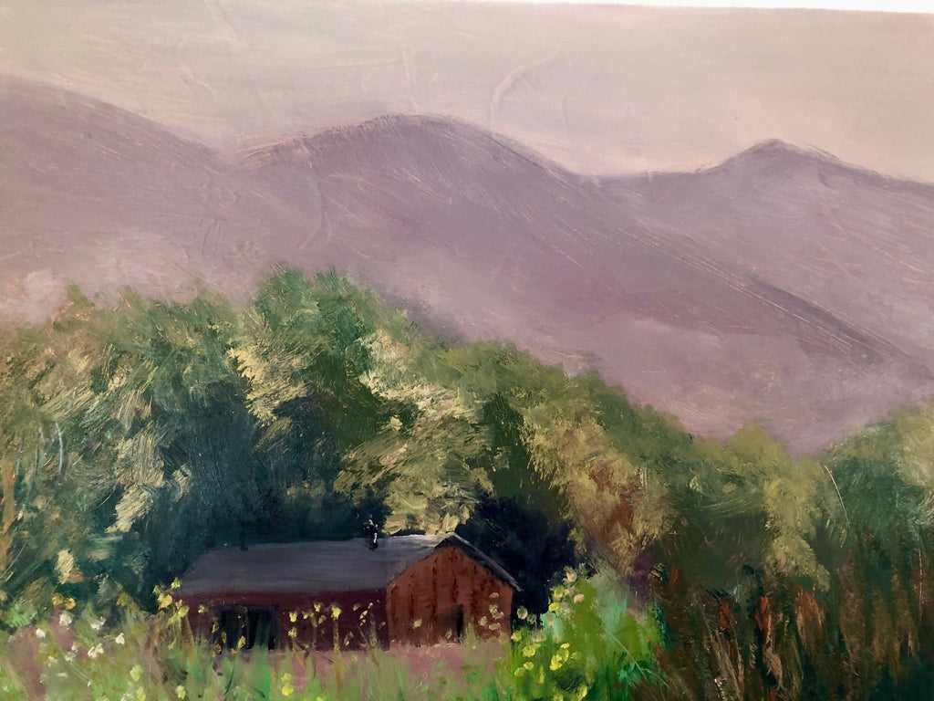 Original Oil painting: Rustic Barn Landscape on Wood (20"x16")
