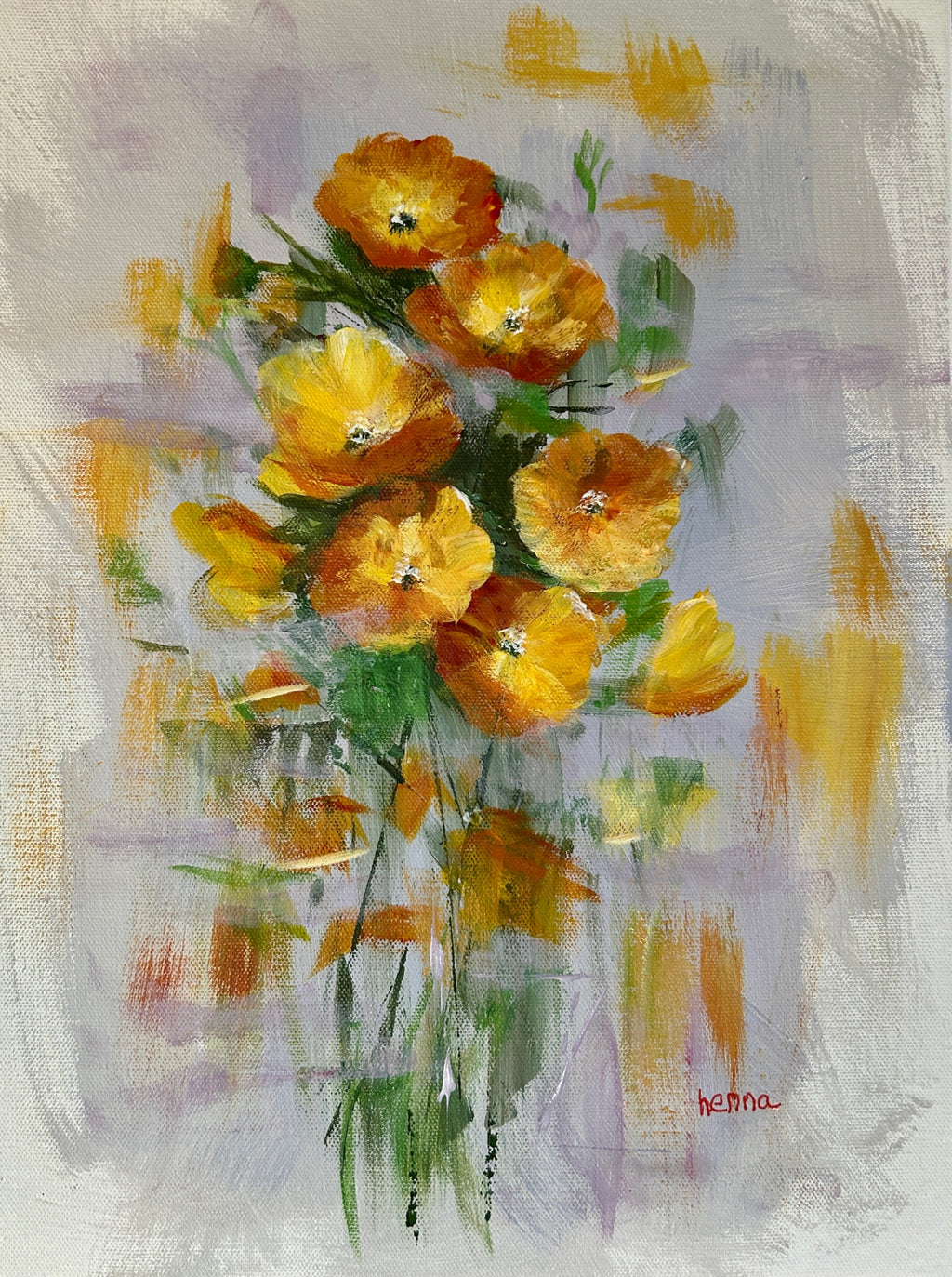 Impressionistic oil painting of a bouquet of yellow and orange poppies with green stems on a textured light gray and lavender background. Signed 'henna' in red in the lower right corner.