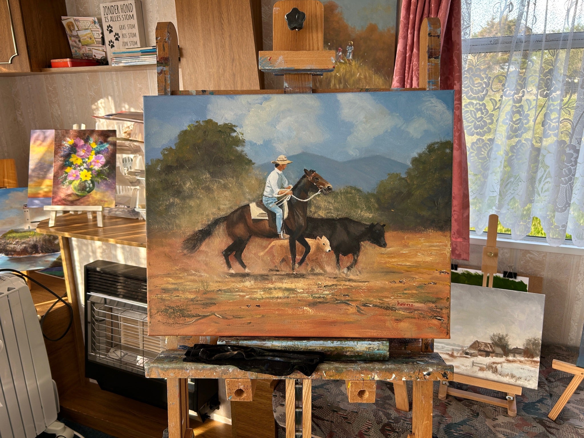 Cowboy Herding Cattle: Original Oil Painting on Canvas (20" x 16")