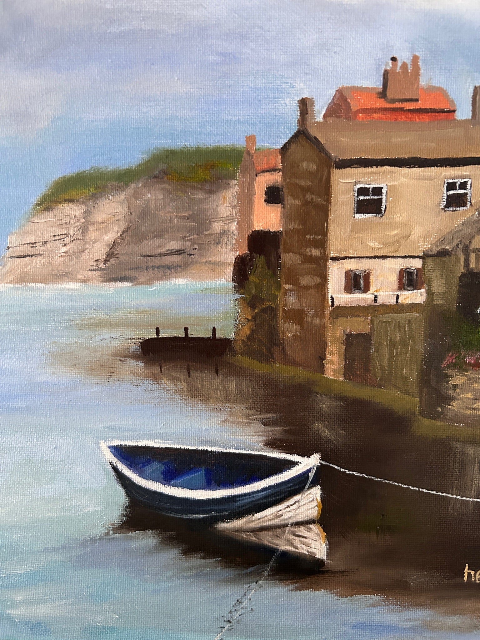 Oil Painting: The Blue boat on Staithes on canvas board 10"x14"