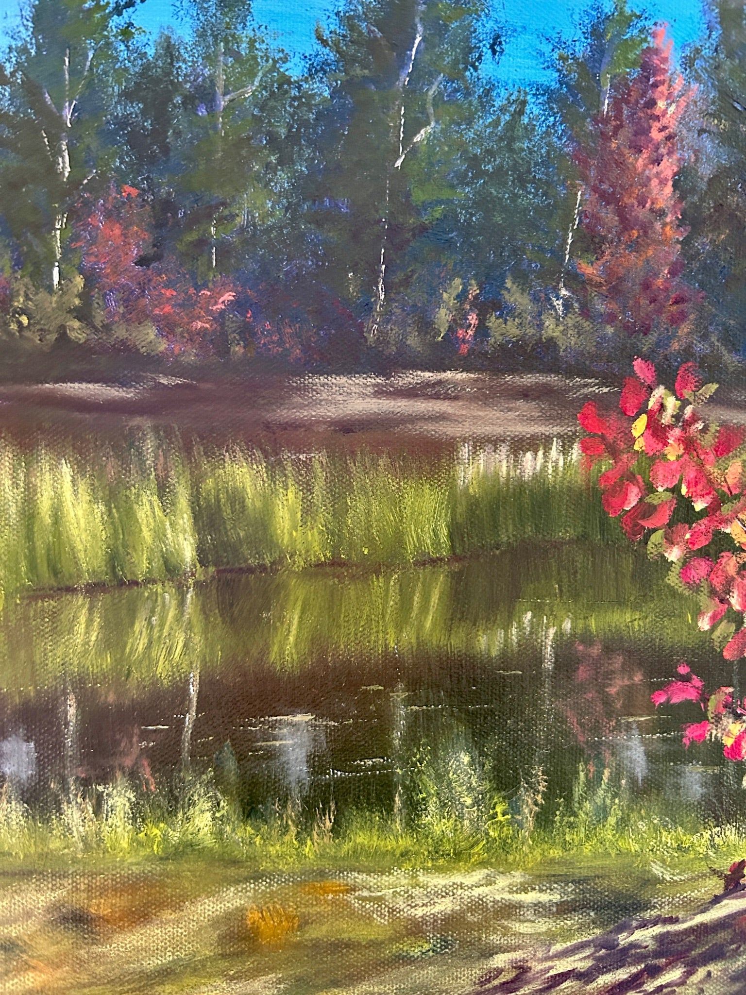 Original Autumn Forest Pond Oil Painting: Nature Wall Art (16x12)