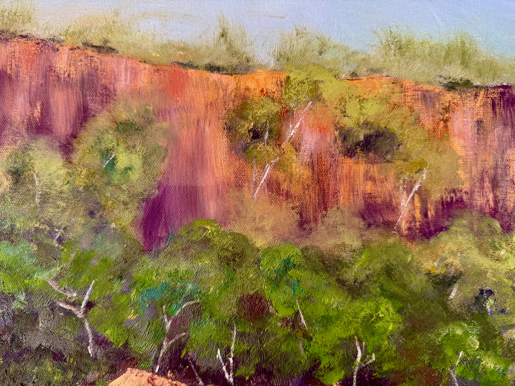 Waterfall over the cliffs, reflections in the water,  24X20