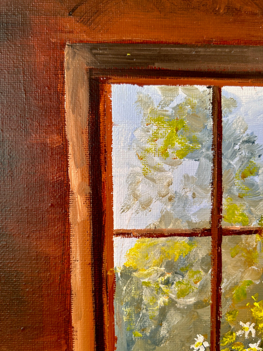 Framed Window Scene Oil Painting: Rustic Nature Wall Art (8x10)
