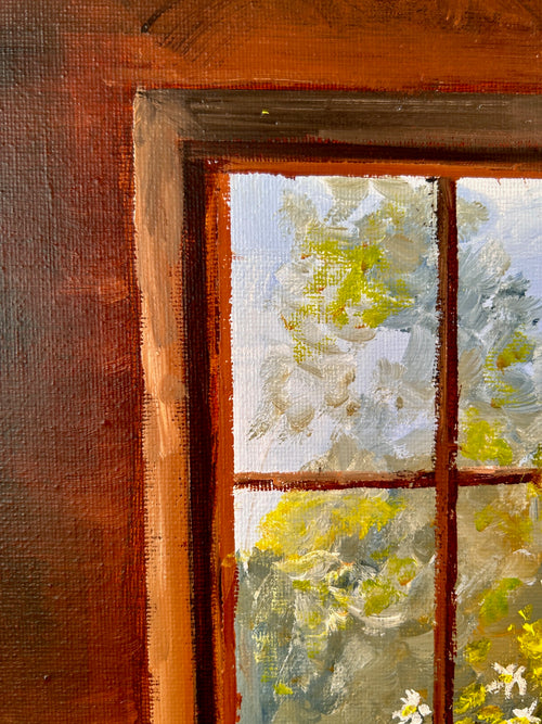 Framed Window Scene Oil Painting: Rustic Nature Wall Art (8x10)