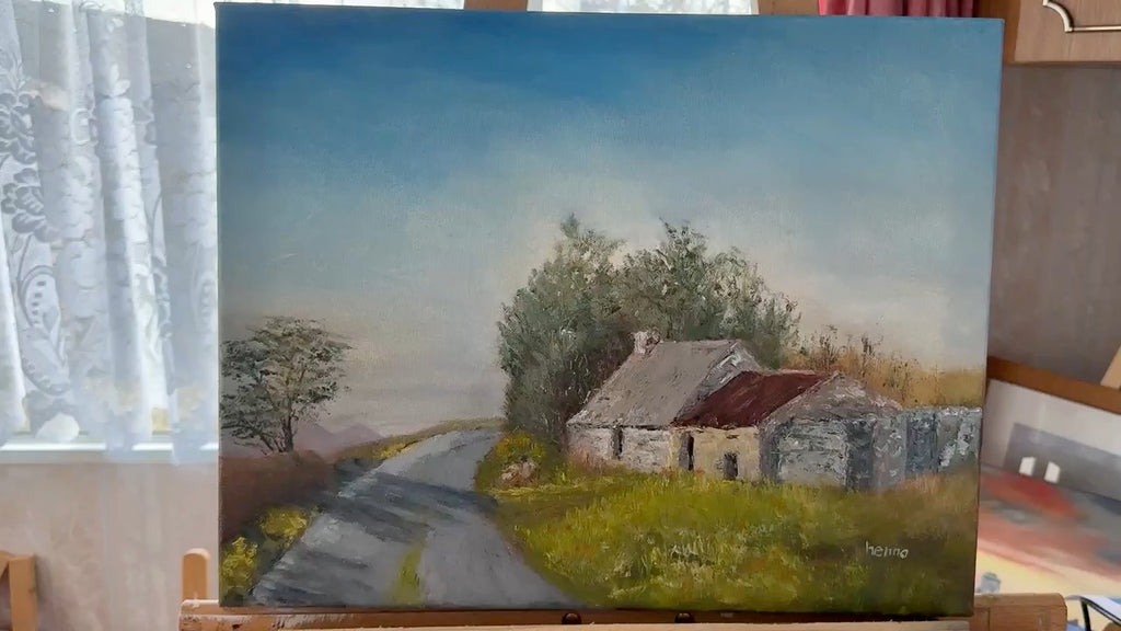 Original Oil Cottage Painting, Vintage rural scene, Old Stone Cottage  (18x14")