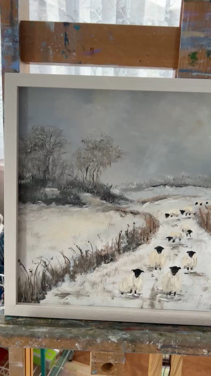 Original oil painting - Sheep on the road  Snowy Landscape Art on board Framed (15"x12")