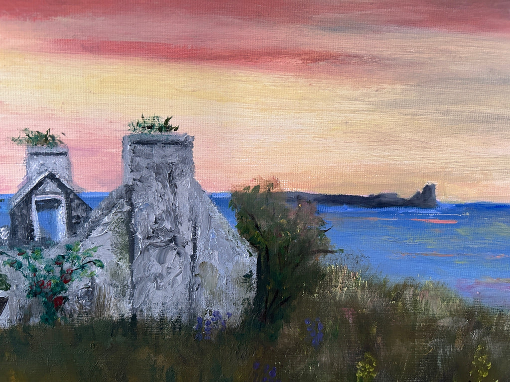 Original IrishOriginal Oil Painting -  Sunset  : Ruin near the Atlantic Ocean | Cottage Art 16x12