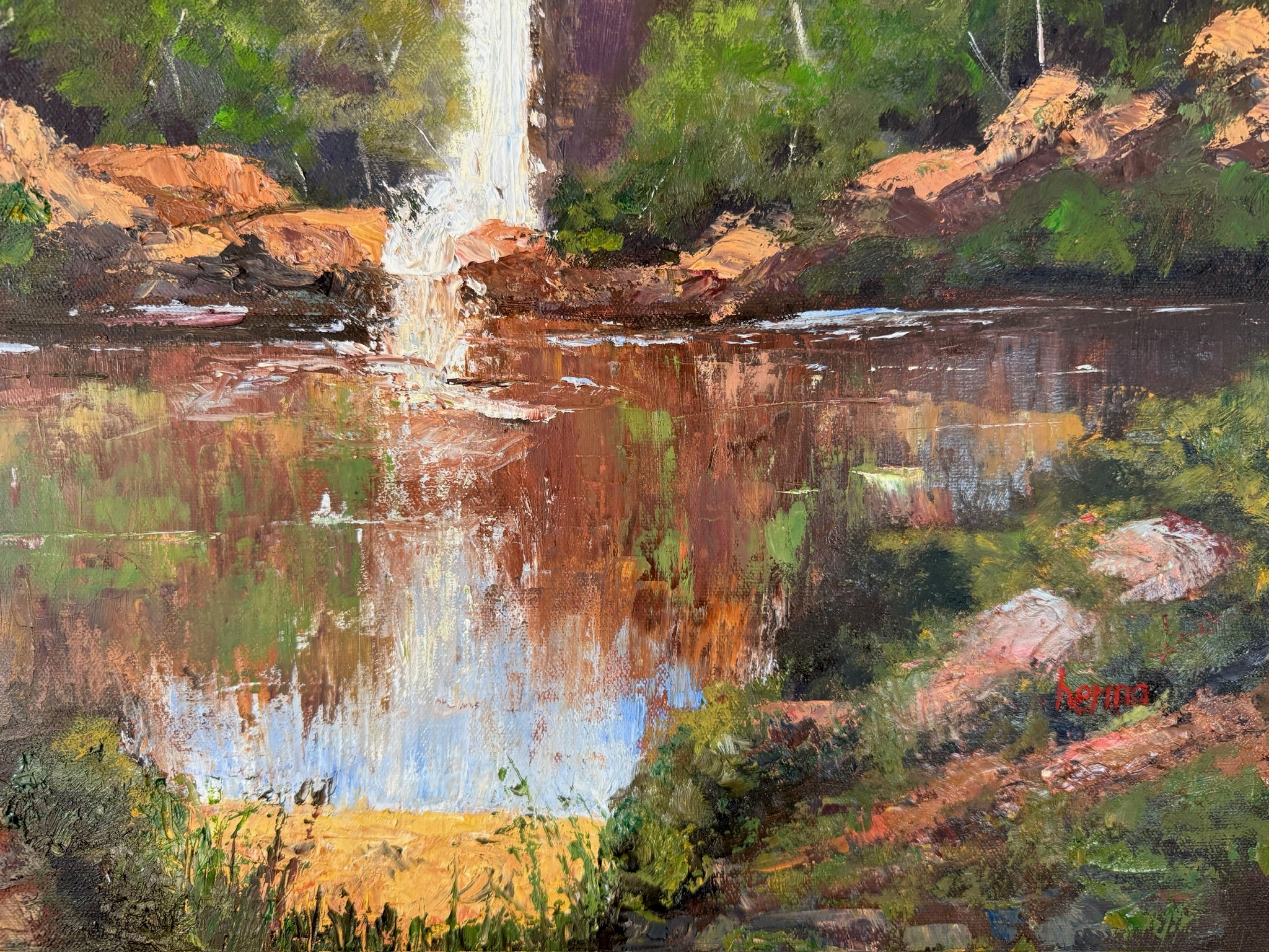 Waterfall over the cliffs, reflections in the water,  24X20