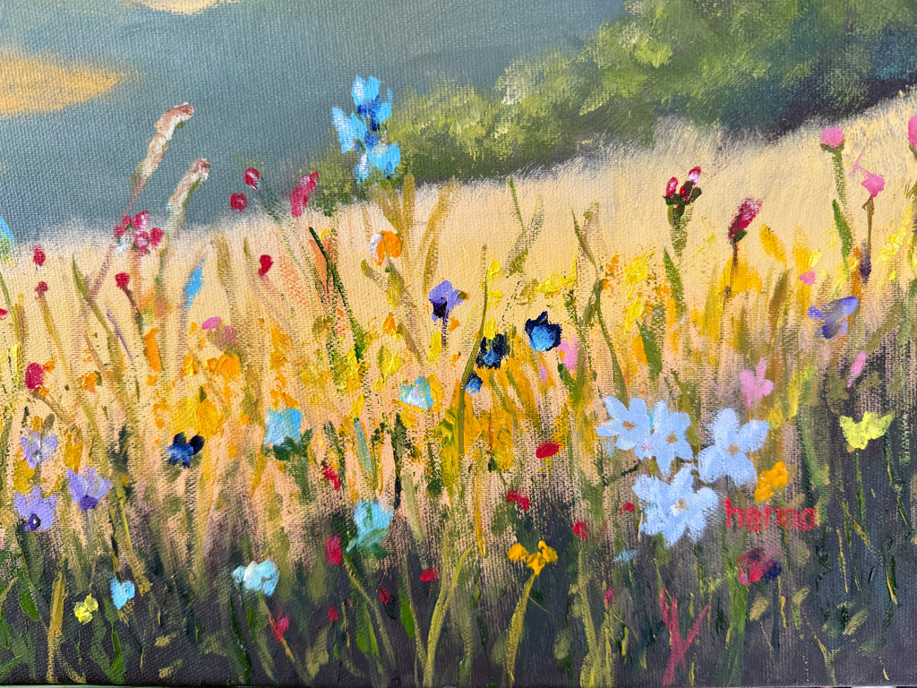 Sunrise Behind the Mountains over a Flower Field 28"x20"