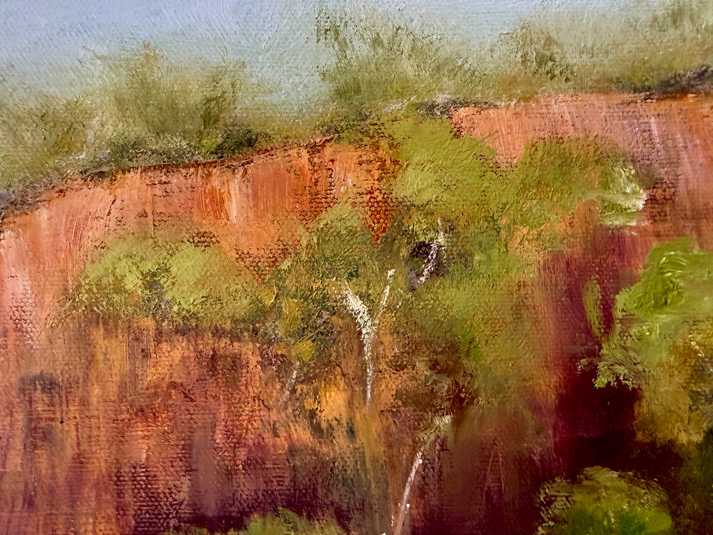 Waterfall over the cliffs, reflections in the water,  24X20