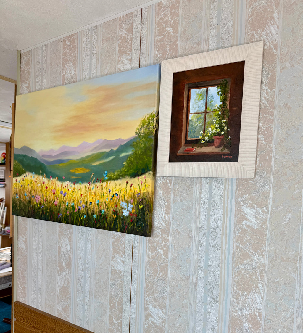 Sunrise Behind the Mountains over a Flower Field 28"x20"