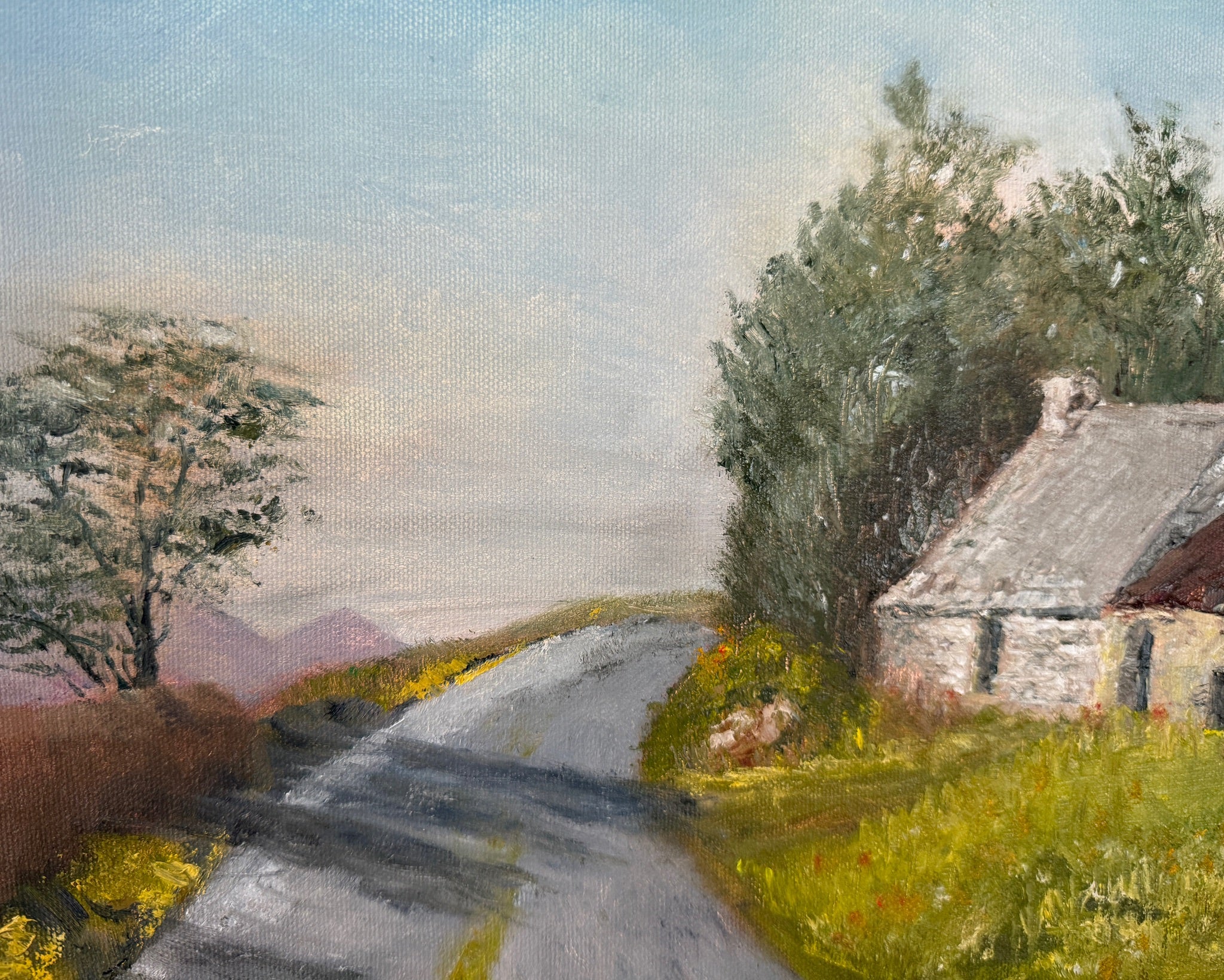 Original Oil Cottage Painting, Vintage rural scene, Old Stone Cottage  (18x14")