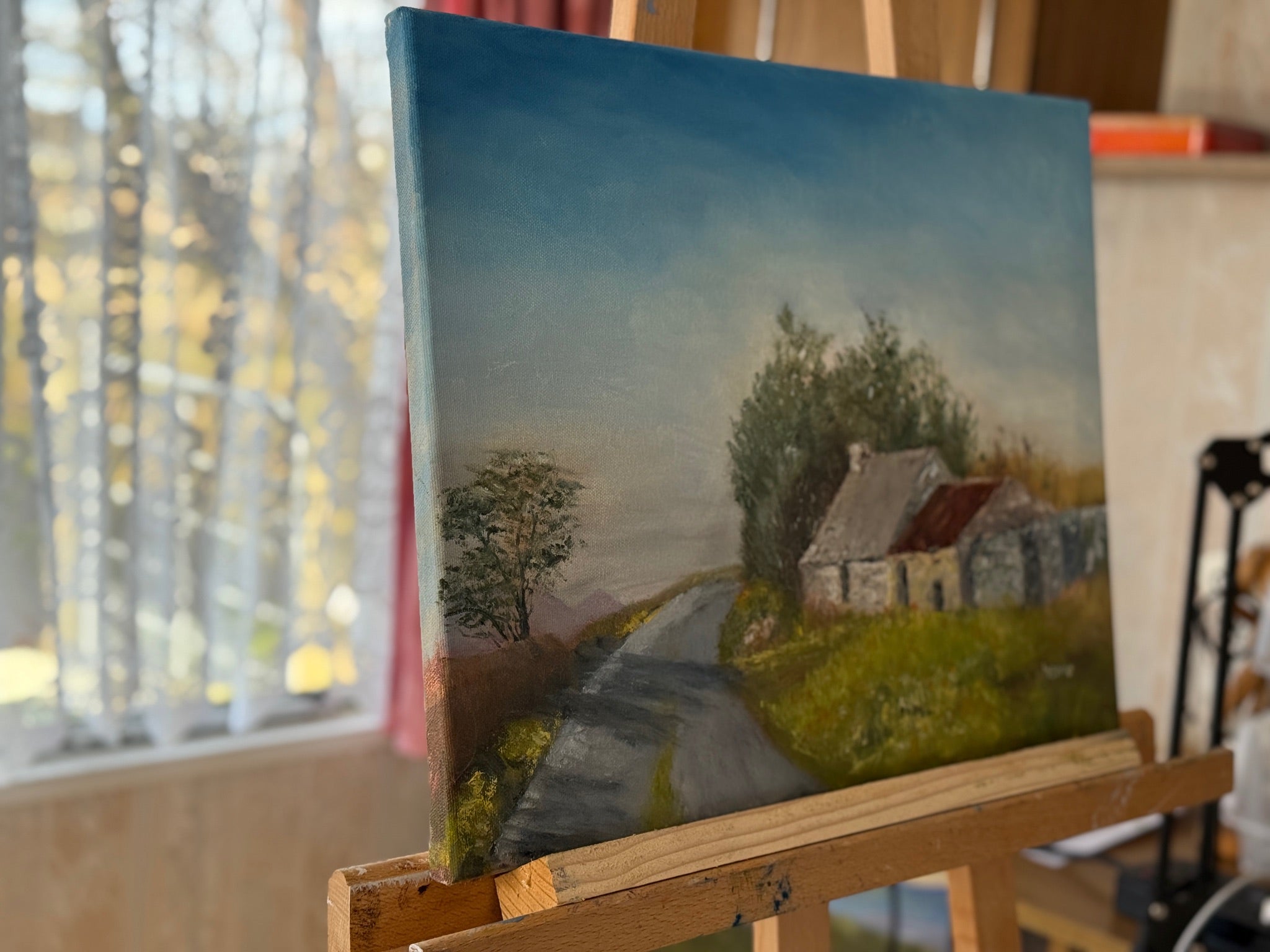 Original Oil Cottage Painting, Vintage rural scene, Old Stone Cottage  (18x14")