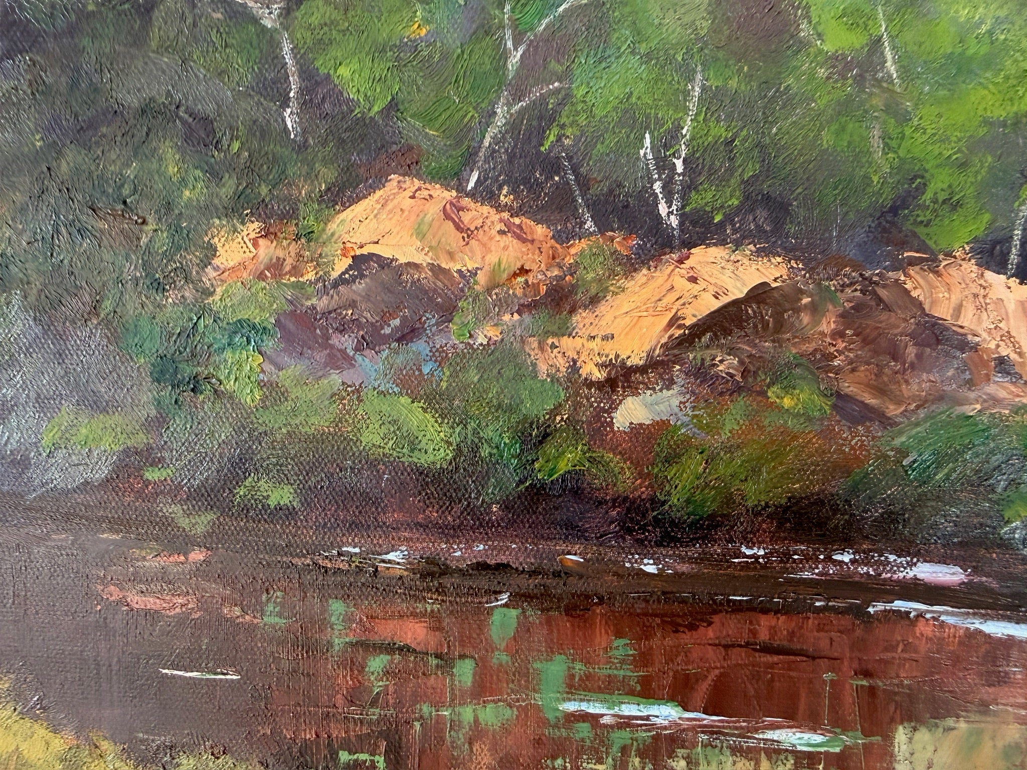 Waterfall over the cliffs, reflections in the water,  24X20
