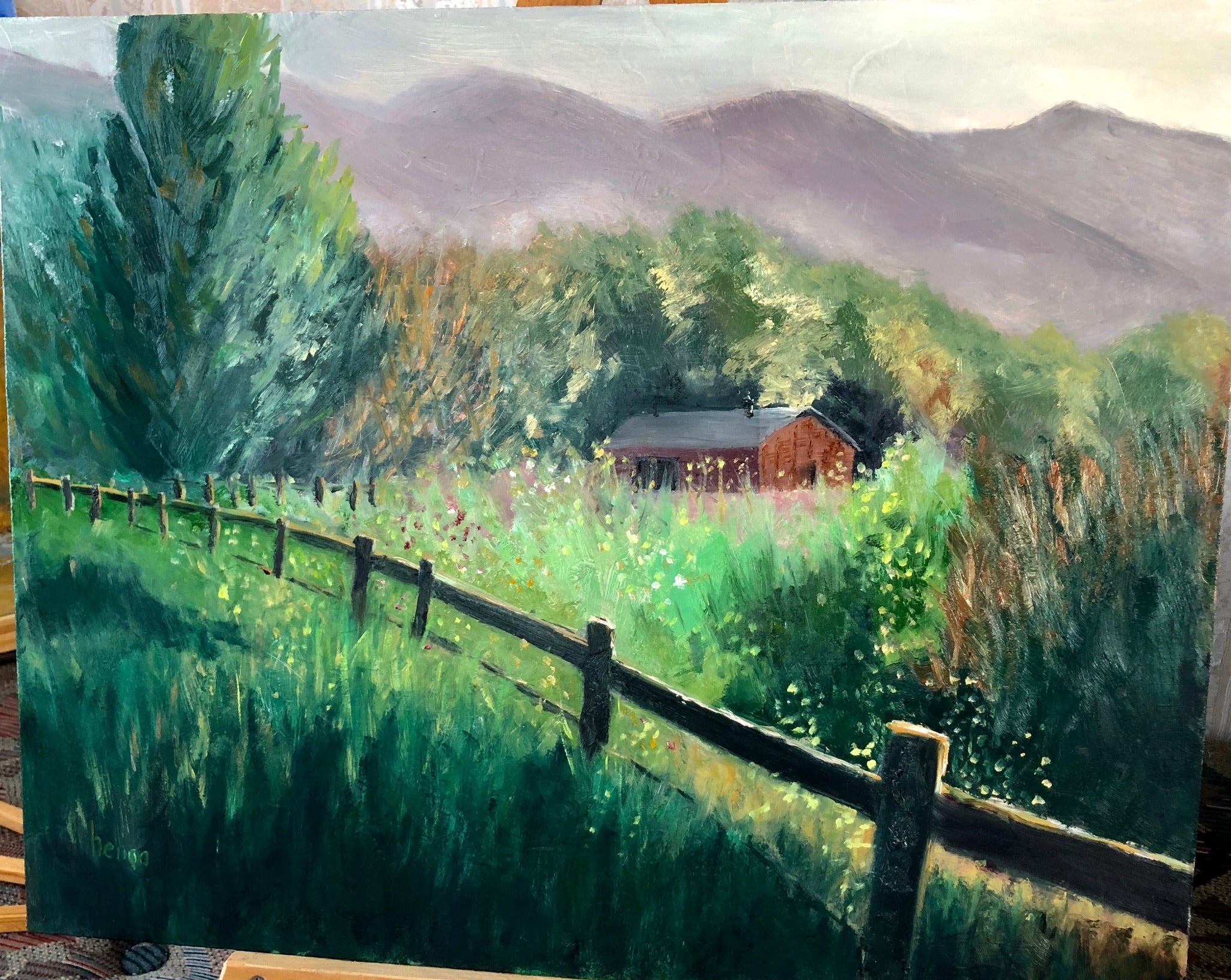 Original Oil painting: Rustic Barn Landscape on Wood (20"x16")