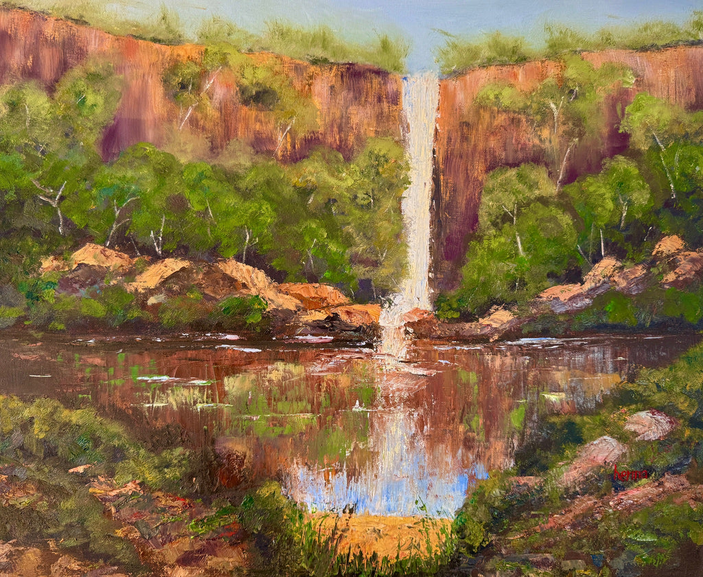 An impressionistic landscape painting of a tall waterfall cascading into a pool, surrounded by green trees, brown cliffs, and earthy rocks.
