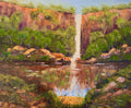 An impressionistic landscape painting of a tall waterfall cascading into a pool, surrounded by green trees, brown cliffs, and earthy rocks.