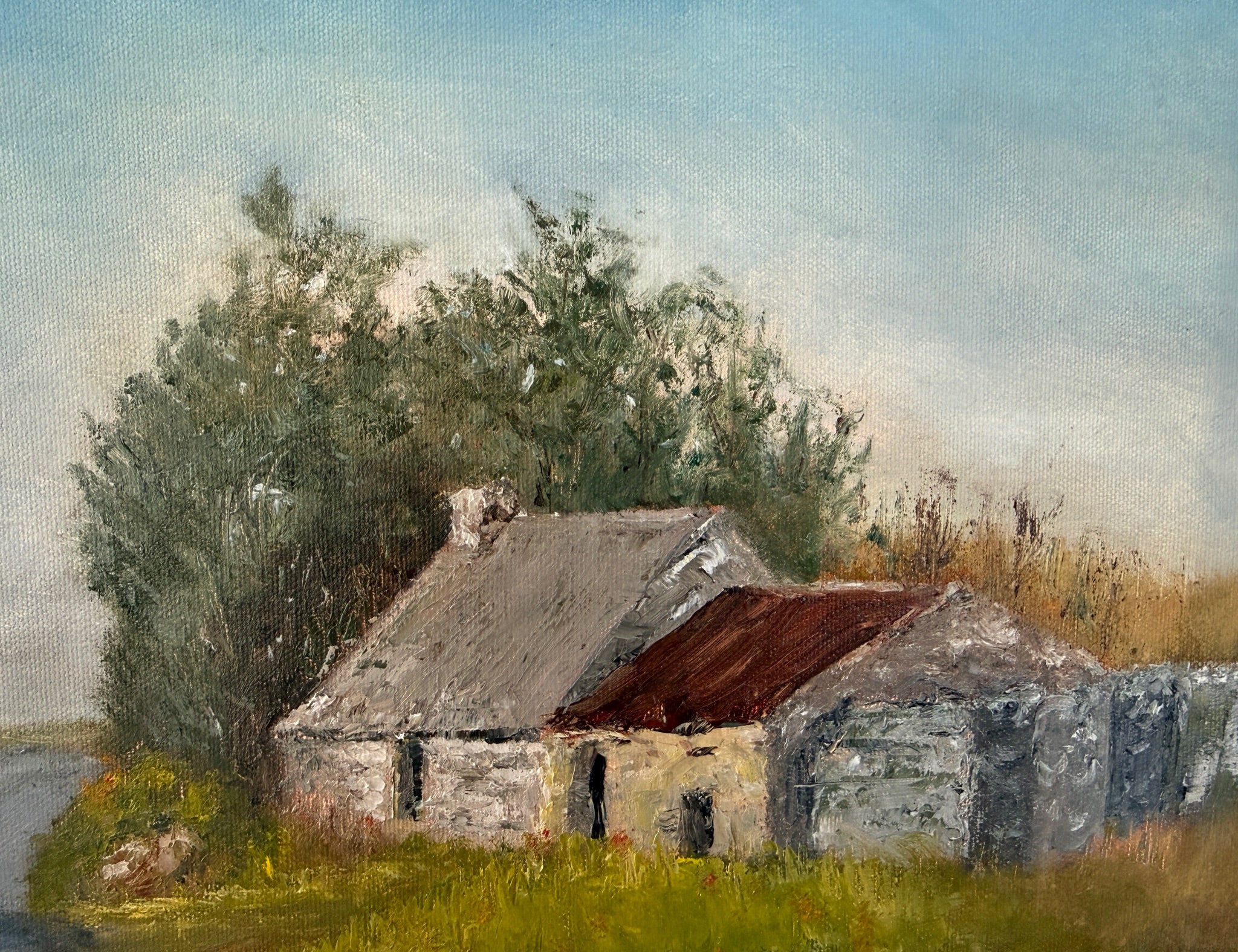 Original Oil Cottage Painting, Vintage rural scene, Old Stone Cottage  (18x14")