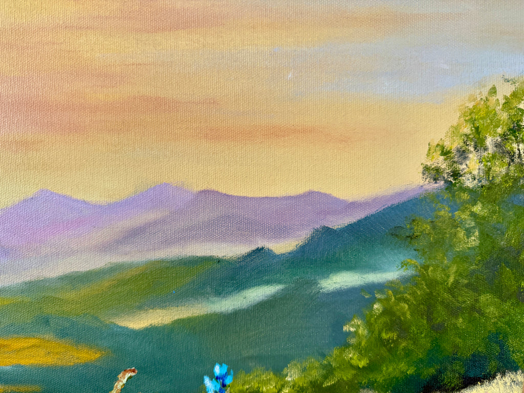 Sunrise Behind the Mountains over a Flower Field 28"x20"