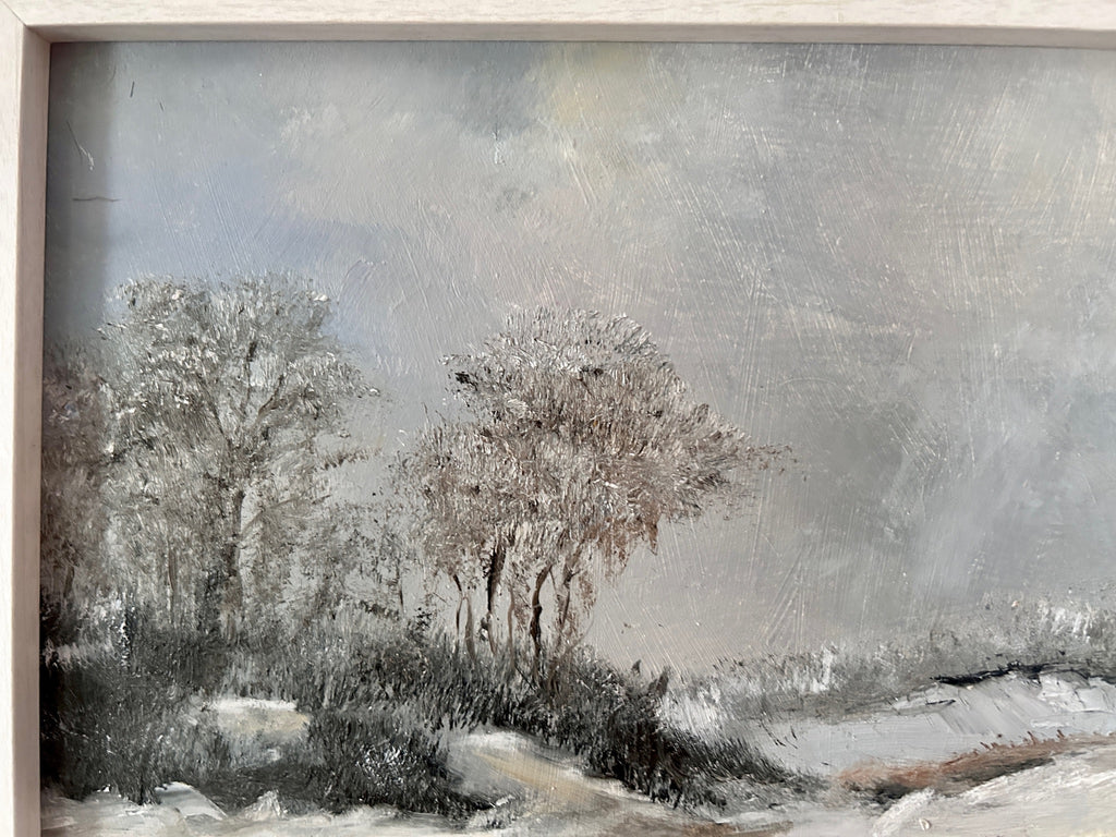 Original oil painting - Sheep on the road  Snowy Landscape Art on board Framed (15"x12")