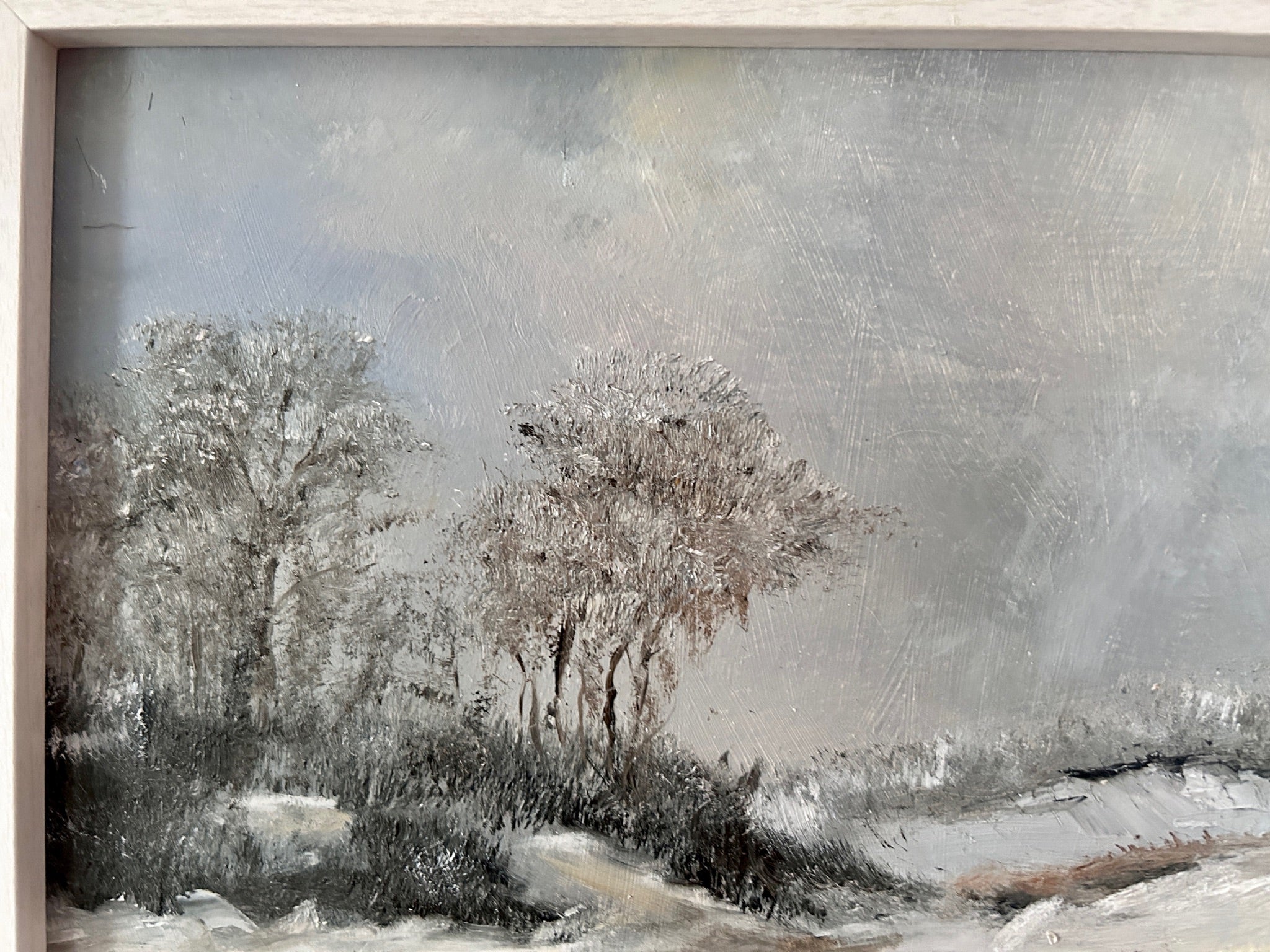 Original oil painting - Sheep on the road  Snowy Landscape Art on board Framed (15"x12")