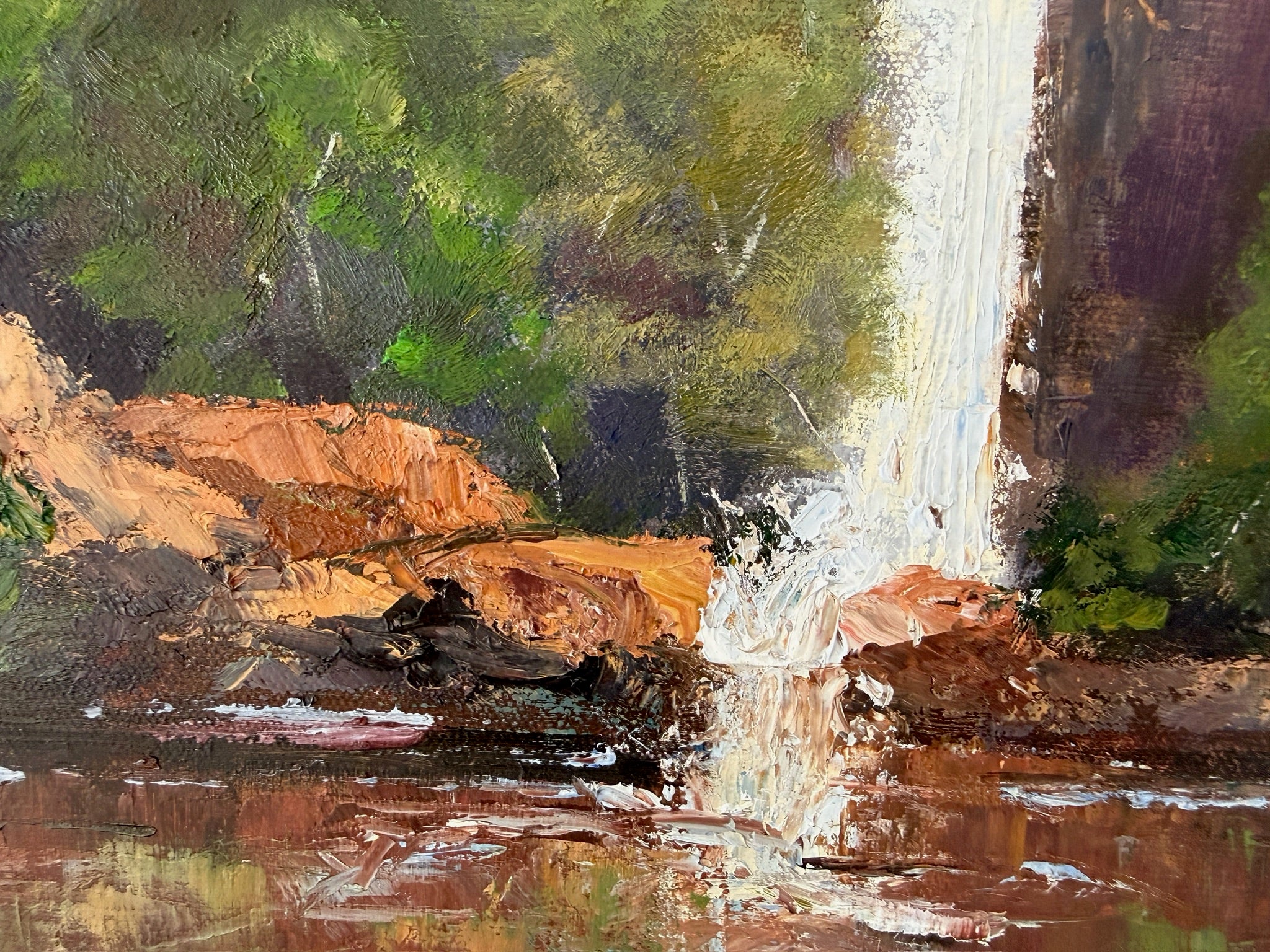 Waterfall over the cliffs, reflections in the water,  24X20