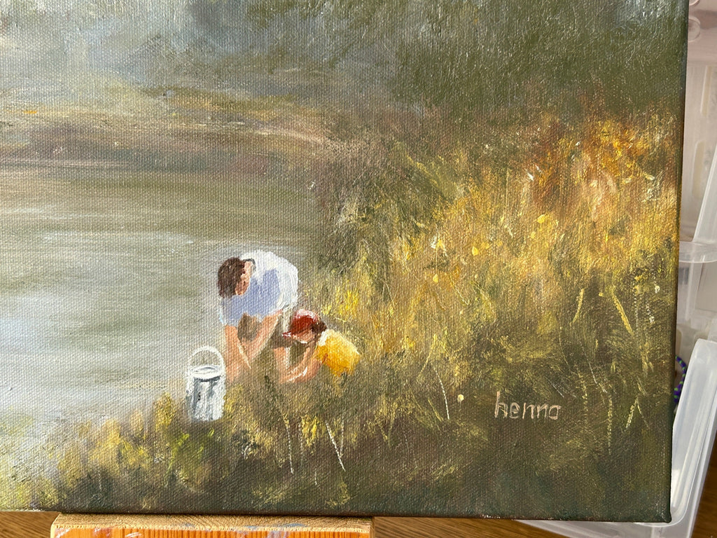 Misty Morning River Oil Painting: Brothers Fishing, Irish Landscape Art (16x12)