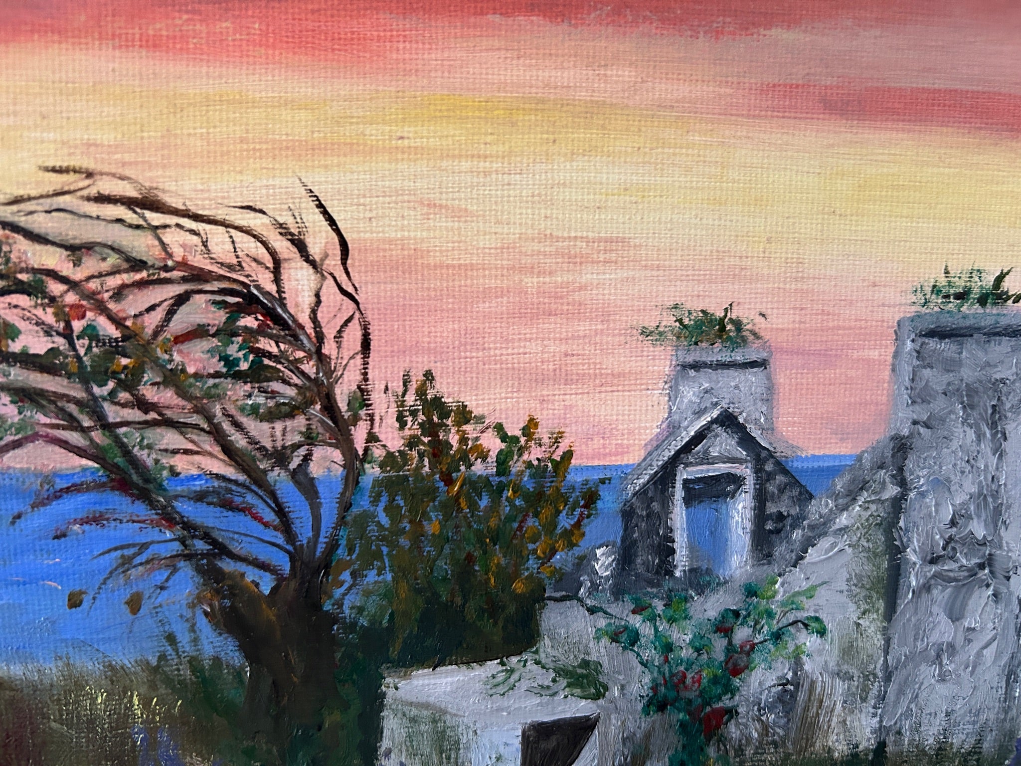 Original IrishOriginal Oil Painting -  Sunset  : Ruin near the Atlantic Ocean | Cottage Art 16x12