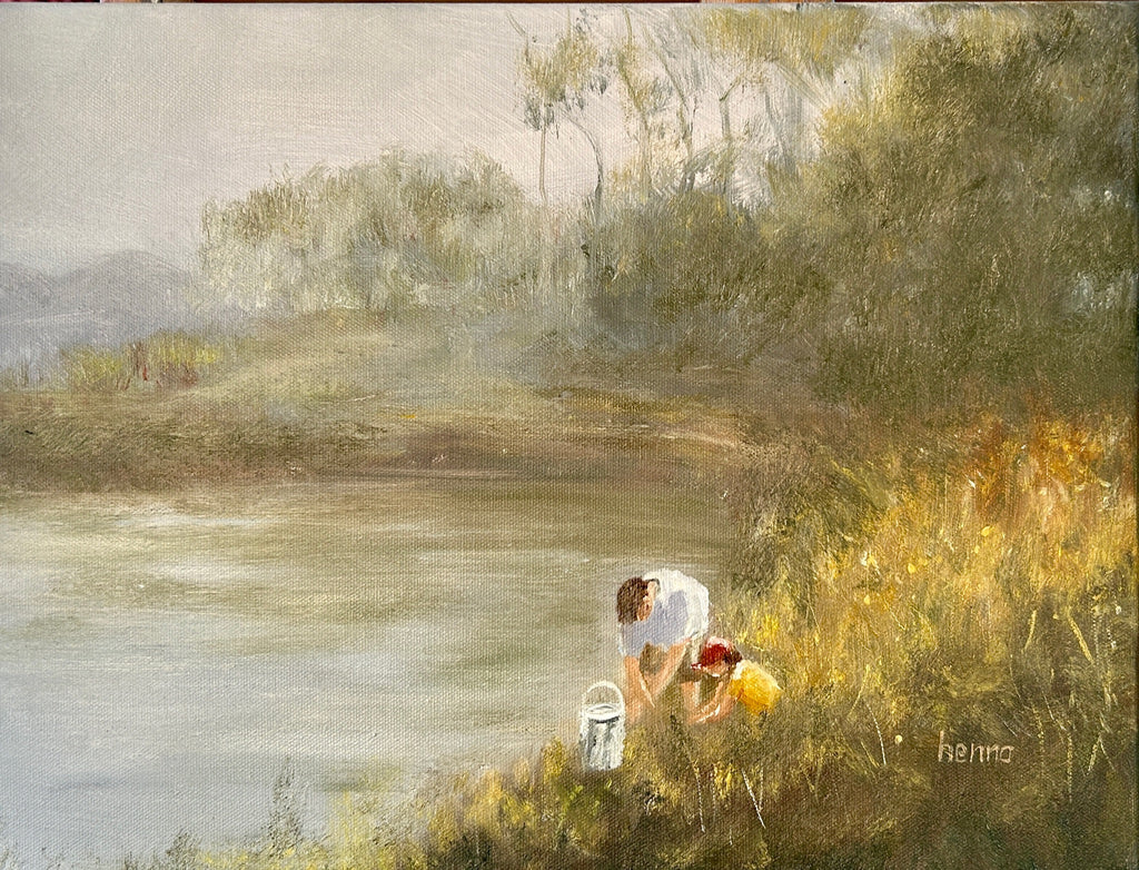 Misty Morning River Oil Painting: Brothers Fishing, Irish Landscape Art (16x12)