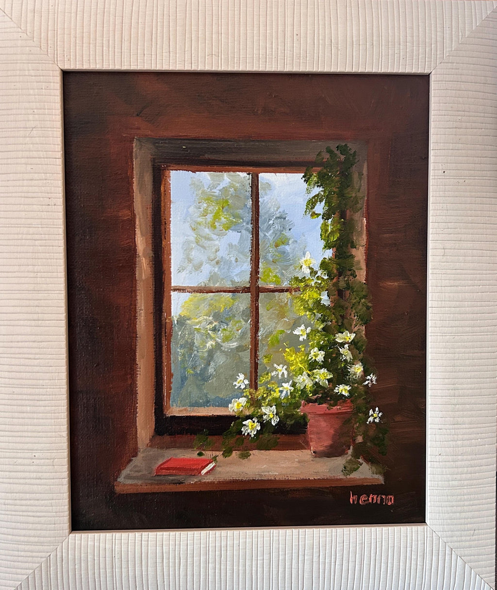 Framed Window Scene Oil Painting: Rustic Nature Wall Art (8x10)