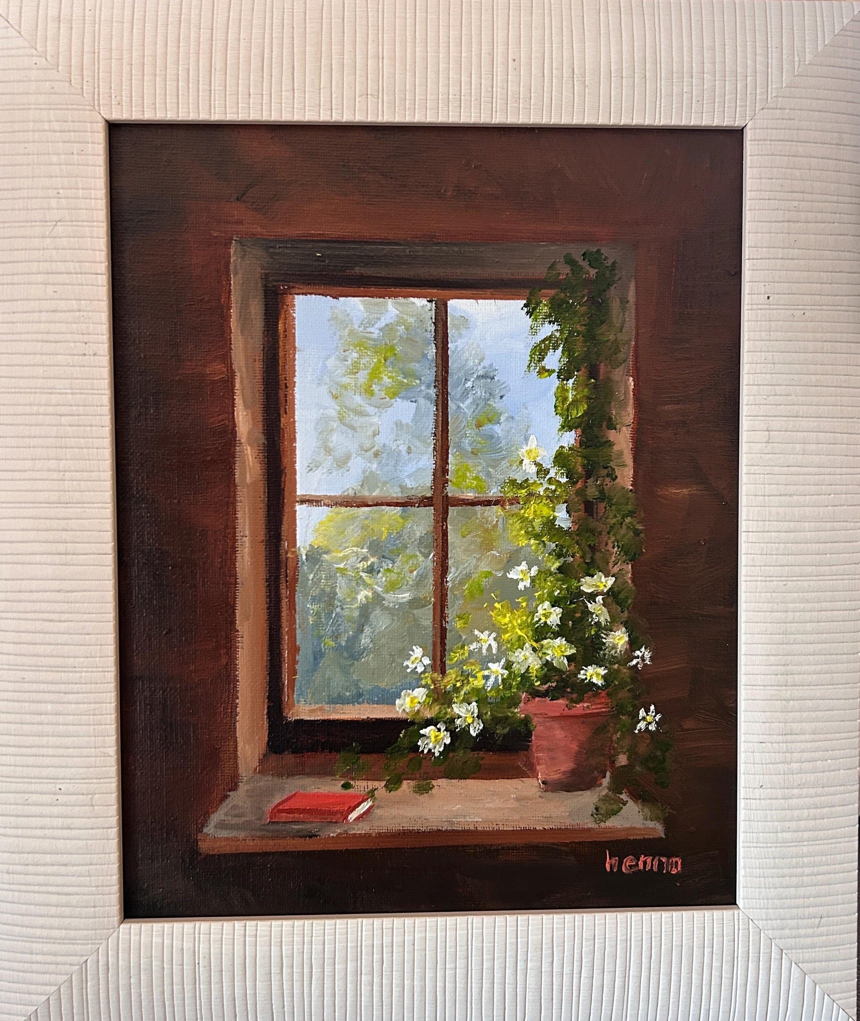 Framed Window Scene Oil Painting: Rustic Nature Wall Art (8x10)