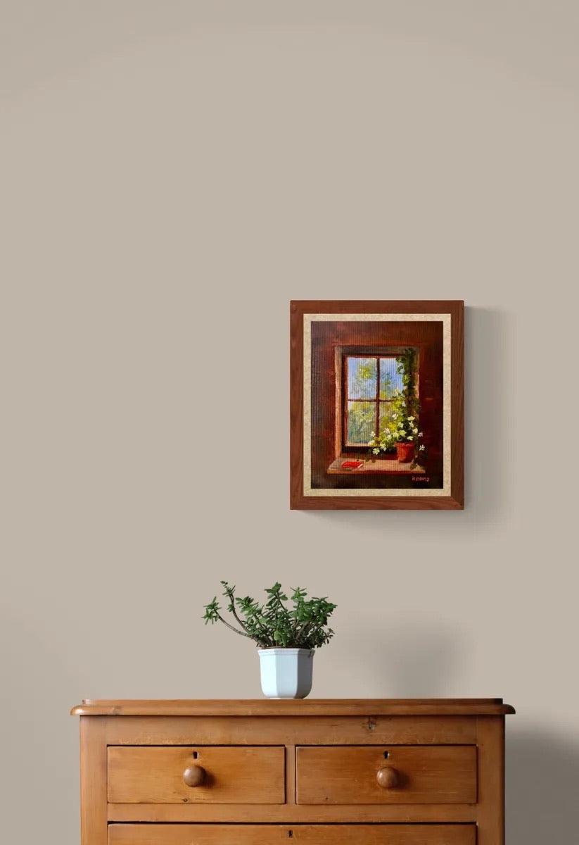 Framed Window Scene Oil Painting: Rustic Nature Wall Art (8x10)
