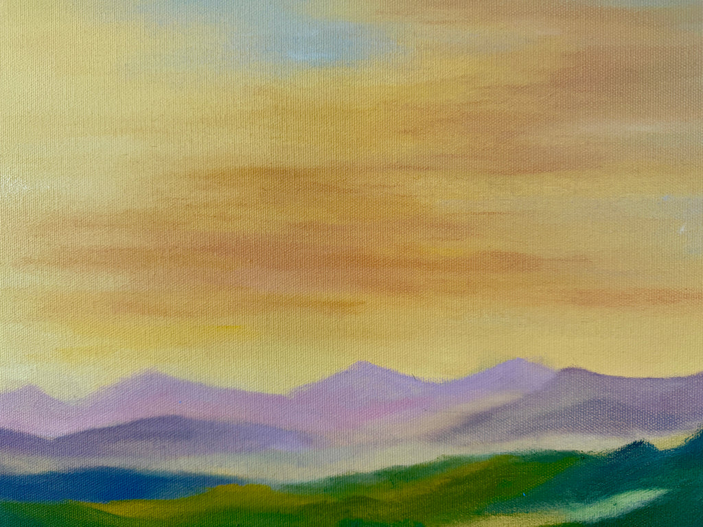 Sunrise Behind the Mountains over a Flower Field 28"x20"