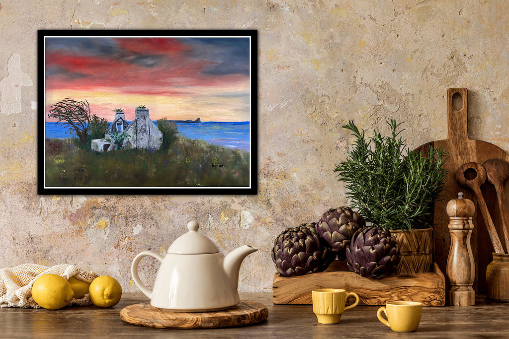 Original IrishOriginal Oil Painting -  Sunset  : Ruin near the Atlantic Ocean | Cottage Art 16x12