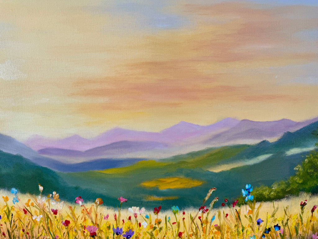Sunrise Behind the Mountains over a Flower Field 28"x20"